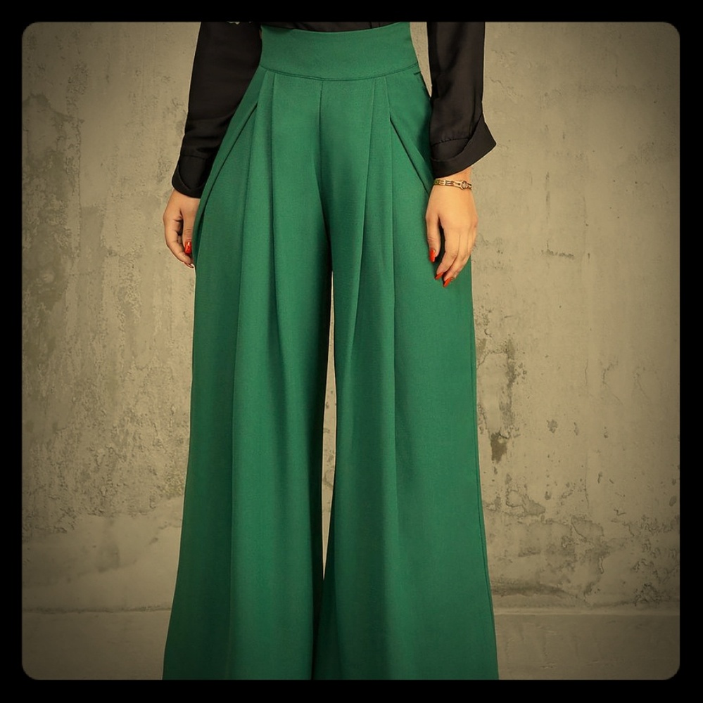NWOT Green Wide Leg High-Waist Pleat Pants+Gift*S*